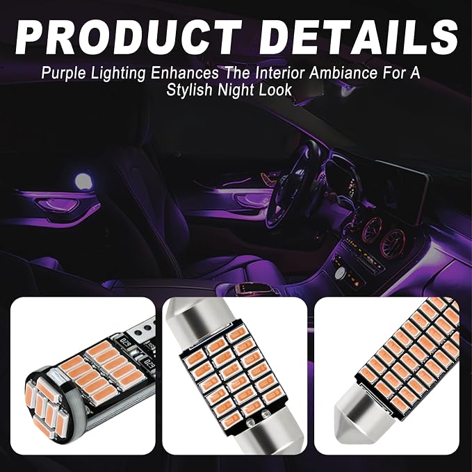 24 PCS Car LED Lights Interior Kit, T10 31mm 41mm LED Dome Lights Interior Replacement for Car Map, License Plate, Door, Side Marker, Cornering & Trunk Bulbs (Pink & Purple)