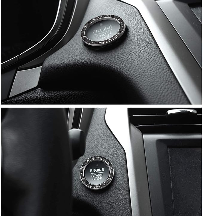 WINKA 2pcs Bling Car Engine Start Button Cover Diamond Crystal Push Start Stop Button Ring Sparkly Bling Ignition Button Cover Rhinestone Keyless Ignition Ring Universal Car Accessories (Black)