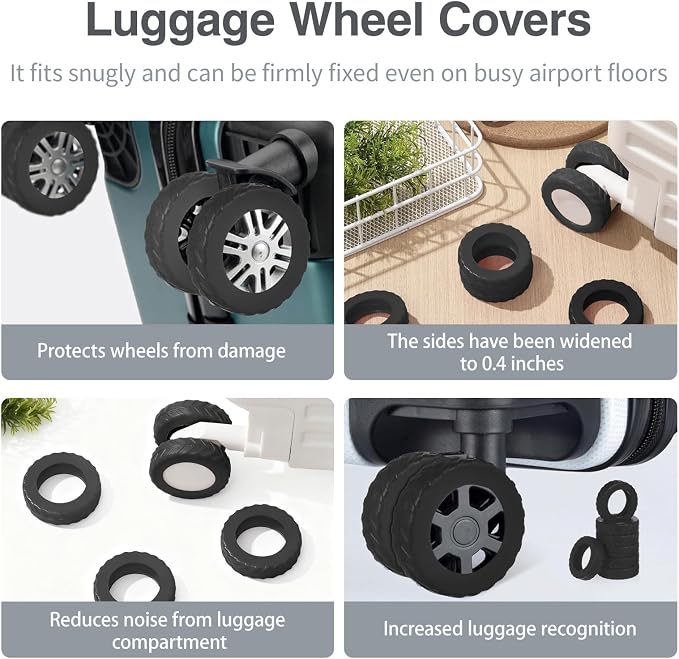8 Pack Black Silicone Luggage Wheel Protectors Fits 1.9"-2.2" Spinner Carry On Wheels Noise Reducing Anti Slip Slip On Covers Protect Floors & Suitcase Wheels Lightweight Easy Wipe Clean