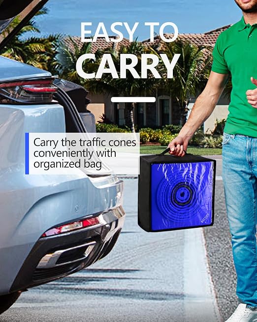 BATTIFE [4 Pack] 28 Inch Collapsible Traffic Safety Cones, Multi Purpose Pop-up Cones and Reflective Collar, for Road Parking, Driving Practice (Blue)