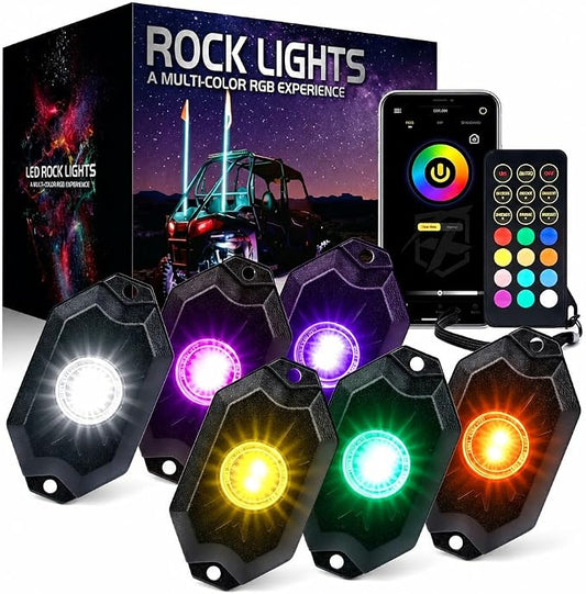Xprite Colorful LED Rock Lights Kit with Bluetooth & Wireless Remote Controller, Multicolor Cars Underglow, Wheel, Footwell Neon Light Kits, for Off-Road UTV ATV Trucks SUV Motorcycle Boats - 6 Pods