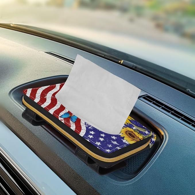 American Flag Car Tissue Holder Sunflower Sun Visor Tissues Box Cover for Car Sun Visor Napkin, Mask Dispenser Universal Car Interior Accessories