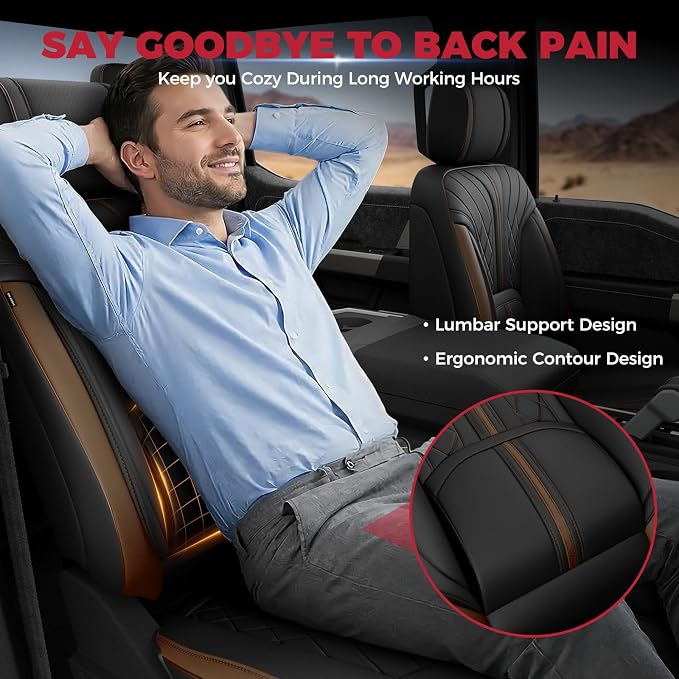 FREESOO Leather Seat Covers for Ford F150 SuperCrew/Crew Cab 2015-2026 | Fits F250/F350/F450 Super Duty 2017-2026, Custom Fit, Waterproof, Bucket Seat, Airbag Compatible, Lumbar Support, Easy-clean