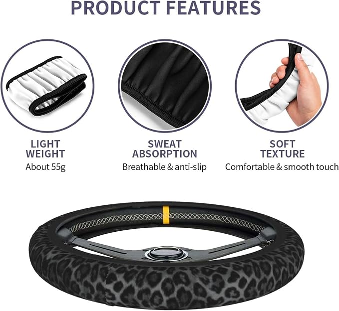 Black Leopard Print Steering Wheel Cover Black Cheetah Leopard Print Steering Wheel Cover Anti-Slip Breathable for 15 in Universal 2 Pcs Car Interior Cup Holder Pad for Men Women