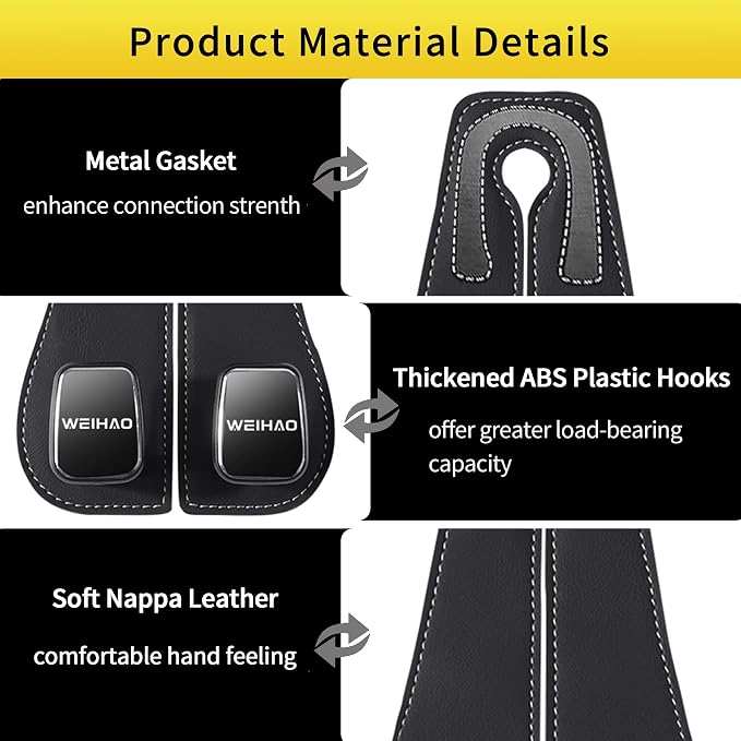 WEIHAO Wide Purse Hook for Car, Twin Hook Leather Car Headrest Hangers, Car Seat Back Storage Hook, Headrest Hooks Purse Bag Holder for Car Universal Fit Sedan Trucks SUVs Most Vehicles (Black-4PCS)