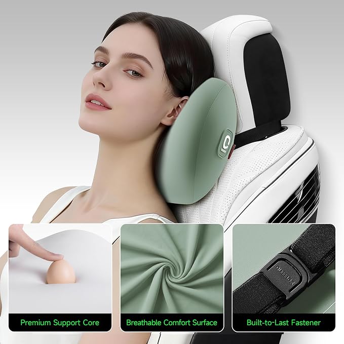 BEBAS Memory Foam Car Headrest Pillow - Breathable Neck Support Pillow for Driving, Universal Fit Cars/SUVs/Tesla/Toyota & Office Chair, Removable Cover (Green, 4-Season)