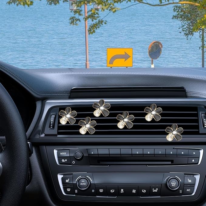 Mandark 6PCS Bling Daisy Flower Car Air Vent Clip, Crystal Rhinestone Vehicle Air Vent Outlet Clip, Cute Auto Air Conditioning Clip Charm Interior Decor Accessories for Women Girls（Black）