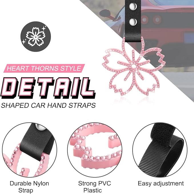 Fabbay Cherry Blossoms Car Handle Strap Drift Charm Car Accessories Bling Handle Ring for Women Rear Bumper Warning Ring Decor for Auto Bus Interior Exterior Decoration (Pink, Sakura Style)