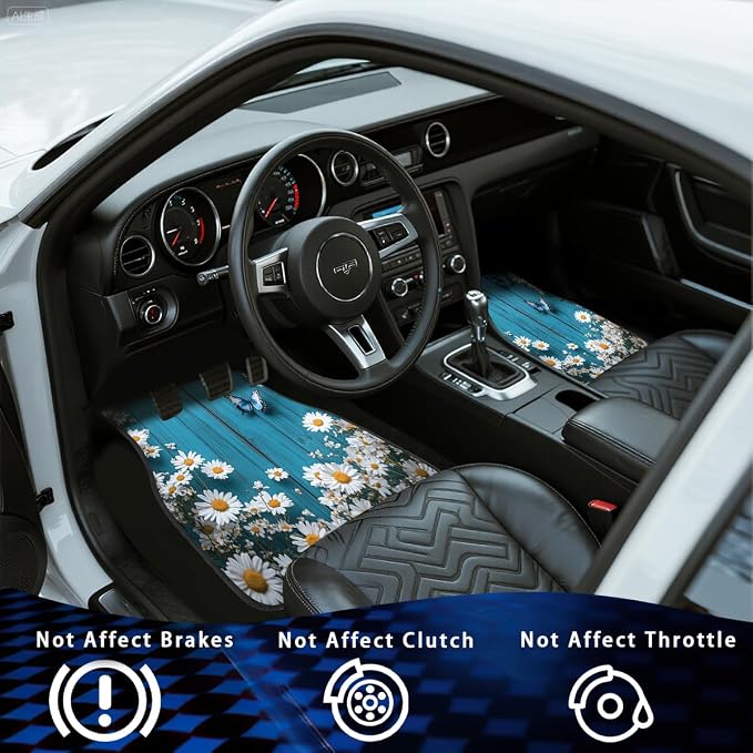 Flower Car Floor Mats Daisy Blue Butterfly Rustic Wooden Carpet Front Rear Carpets Mat Decorative Car Floor Carpets Non-Slip Auto Car Accessories Universal Fit for Car SUV Truck Van