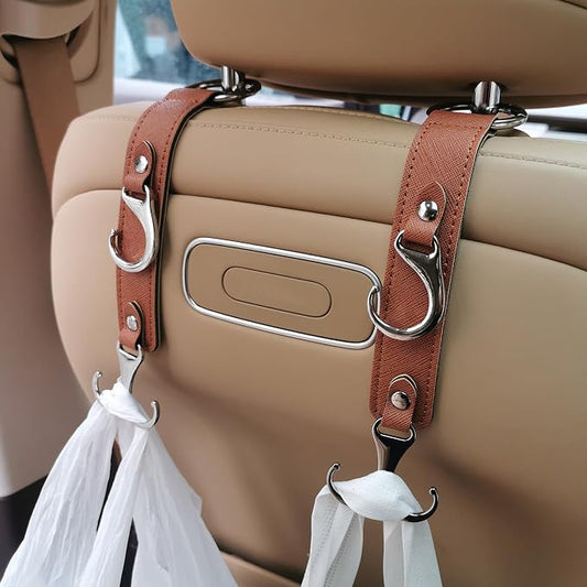 Car Purse Hook for Men Women-Upgraded 3 in 1 Stronger Superior Leather Car Purse Holder Vehicle Seat Headrest Hanger Hooks for Grocery Bag Coats Umbrellas Handbag Car Hooks Car Accessories Interior