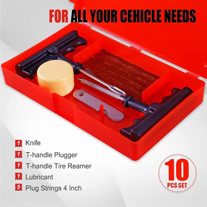 AWELCRAFT 10-Piece Economical Tire Repair Kit – Flat Tire Plug Kit with T-Handle Tools, Storage Case – Fix Punctures Fast, – Ideal for Car, Truck, Motorcycle, ATV