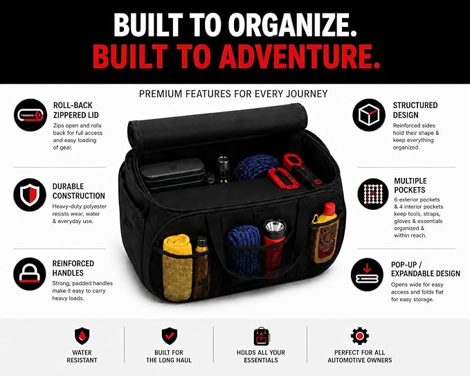 SR1 Performance USA C7 Corvette Trunk Organizer – Expandable Pop Up Collapsible Cargo Storage Caddy for 2014-2019 Chevrolet Corvettes – Black with Crossed Flags Logo