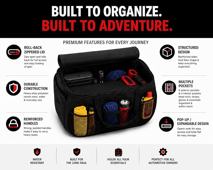SR1 Performance USA GMC Denali Cargo Organizer – Expandable Pop Up Collapsible Trunk Storage Caddy for GMC Trucks & SUVs – Black with Denali Logo