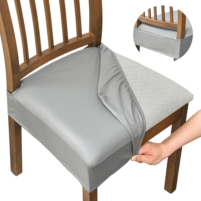 NILUOH Waterproof Seat Covers for Dining Room Chairs Set of 6, Pu Leather Chair Seat Slipcovers Dining Chair Cover Removable Washable Chair Protctor Cover, Rear Covers (PU-Gray)