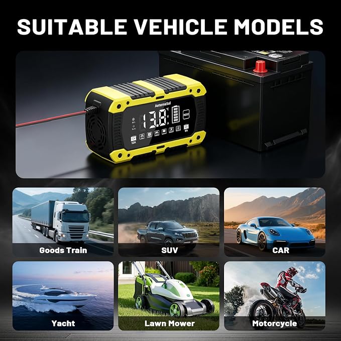 Battery Charger 12-Amp 12V and 24V LiFePO4 Car Battery Charger Battery Maintainer Trickle Charger and Battery Desulfator with Temperature Compensation for Car Truck Lawn Mower Boat Batteries