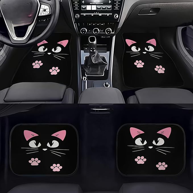 Universal Fit Car Floor Mats Set of 4Pcs, Pink Cartoon Cat All-Weather Front Rear Car Carpet Mats, Non-Slip Car Floor Mat Car Accessories for Automotive Trucks SUV Sedans Vans