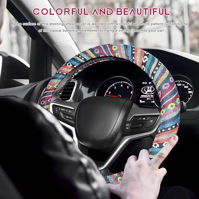 Boho Steering Wheel Cover, Anti-Slip Coarse Flax Cloth Ethnic Style Auto Wheel Cover, Breathable Boho Auto Steering Wheel Protector for Women Men, Car Accessories (Style A)
