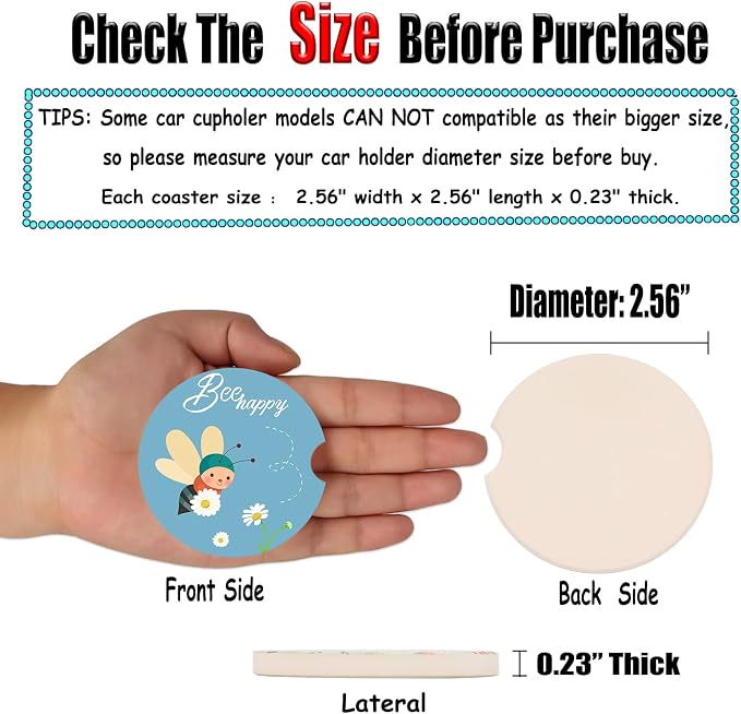 LogHog 2.56" Ceramic Car Coasters - Adorable Bee Design: Don't Worry, Bee Happy - Perfect Auto Cup Holders for Car, Absorbent, Durable