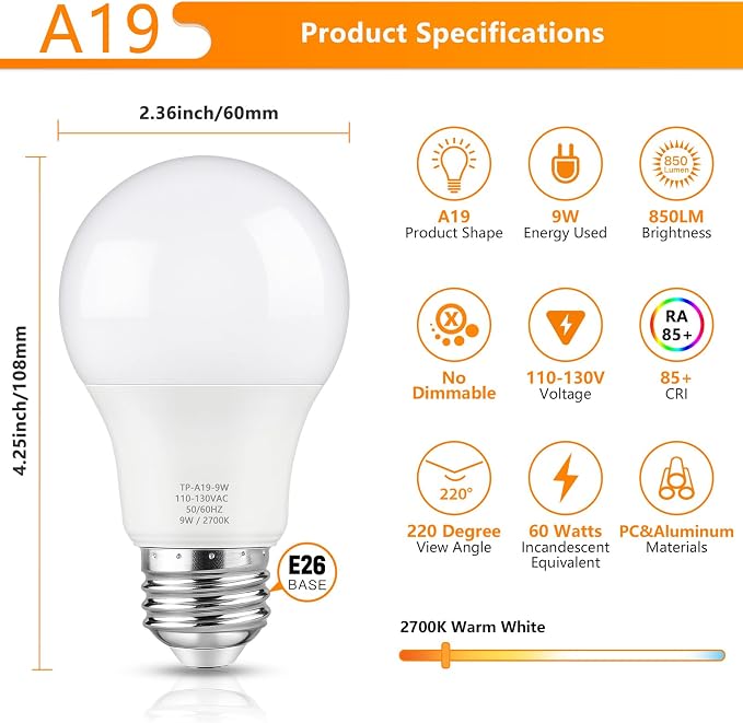 Maylaywood A19 LED Light Bulbs, 60 Watt Equivalent, 2700K Warm White, 850LM, Non-Dimmable, E26 Base, 9W Bright White LED Bulb, 4-Pack