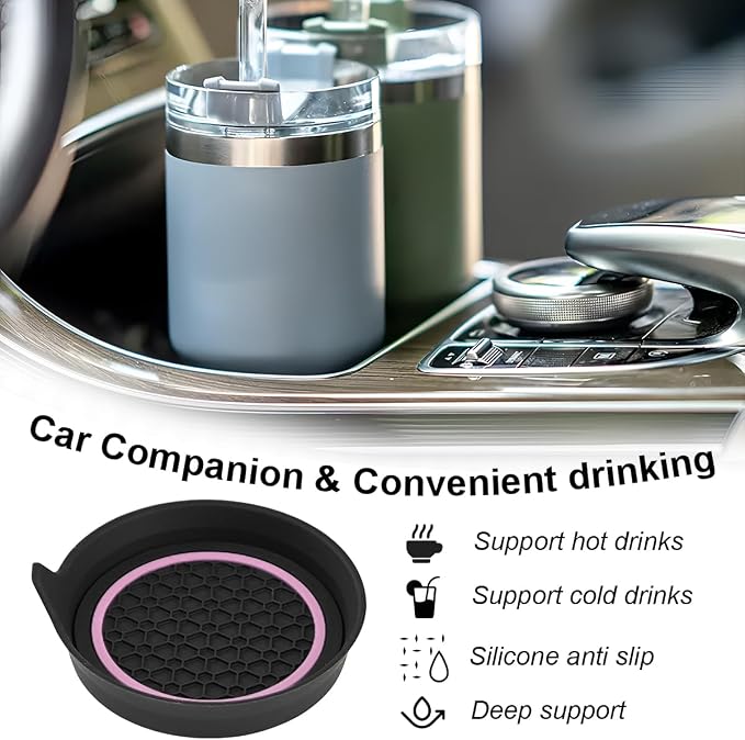 HZEL Car Cup Holder Coasters, 2PCS Non Slip Waterproof Vehicle Water Bottle Pads, Recessed Automotive Drink Mat Decoration Accessories, Universal Fit (Pink/Black)