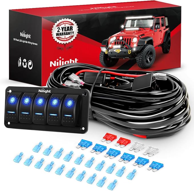 Nilight 16AWG 14AWG 12AWG LED Light Bar Wiring Harness Kit 12V On/Off 5 Gang Rocker Switch Panel Power Relay Blade Fuse 5Pin Toggle Switches for Cars Boat ATV Trucks-10 Leads