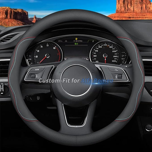 Custom-Fit for Alfa Romeo Steering Wheel Cover, Premium Leather Car Steering Wheel Cover with Logo, Non-Slip, Breathable (A-Style,for Alfa Romeo)