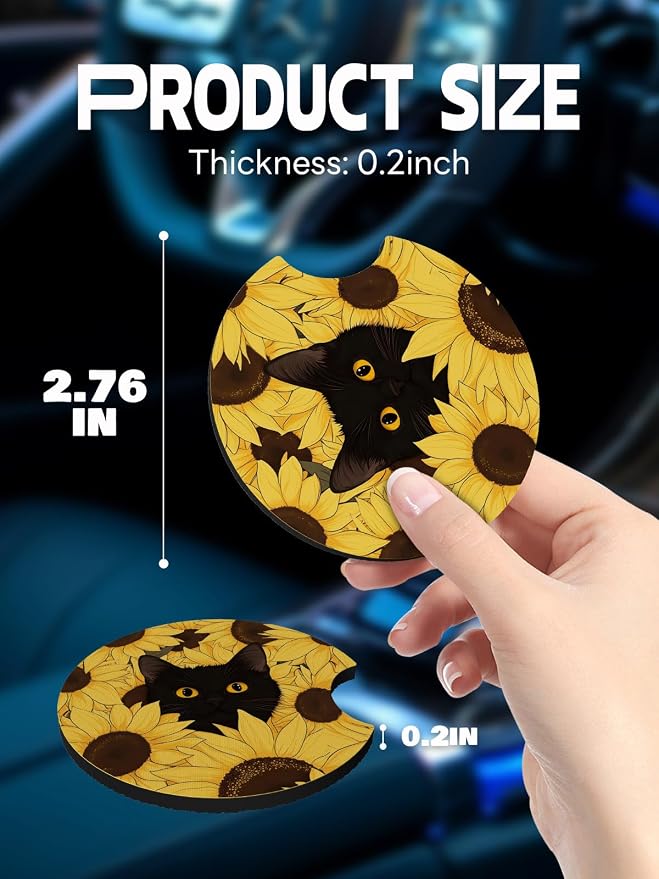 WOCOCN Car Coasters,Cup Holder Coasters for Car,2.75inch Anti Slip and Absorbent,Cute Automotive Interior Accessories for Cup Holder,Pack of 2 (Black Cat)
