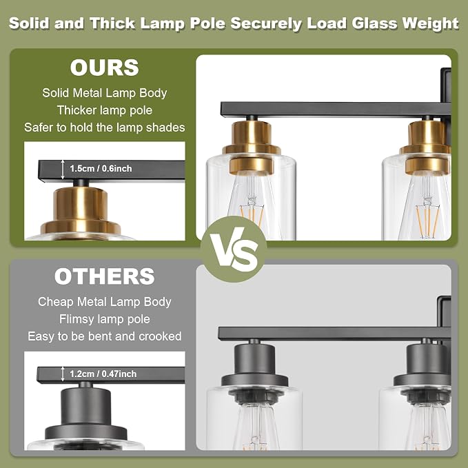 Unicozin Modern Bathroom Light Fixtures, 4 Light Vanity Lights Over Mirror, Black and Gold Wall Lamp with Clear Glass for Living Room Cabinet Bedroom Porch