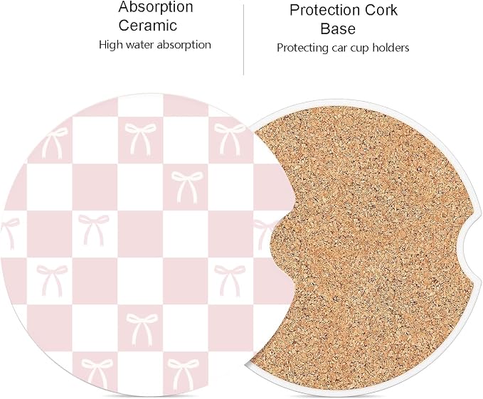 Ceramic Car Coasters – Absorbent Car Cup Holder Coaster Set for Women, Cute Aesthetic Car Accessories for Girls, 2 Pack (Petal Pink)