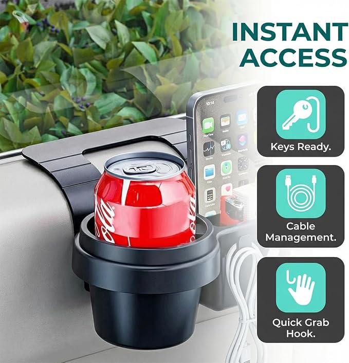 Car Window Organizer, Vehicle Side Door Storage Rack with 2.79 Inch Water Cup Phone Holder & Charging Port, Multifunctional Automotive Interior Organizer Accessories, Universal Fit