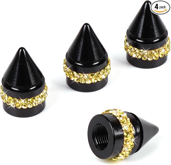 ToBeQueen Bling Yellow Tire Valve Caps, Handmade Crystal Rhinestone Dimand Tire Caps, 4 Pack Aluminum Alloy Universal Valve Stem Caps Bling Car Accessories for Women(Yellow)