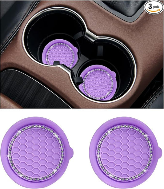 Ziciner 2 PCS Car Cup Coaster Holders, 3.15 Inch Silicone Anti-Slip Auto Insert Coaster, Crystal Rhinestone Car Drink Cup Mat, Universal Durable Auto Interior Accessories (Purple, 2Pack)