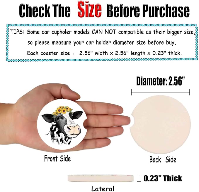 Car Coasters for Women Mother's Day 2 Pack Easter Decorations, Cute Farm Cow Animal 2.56" Absorbent Ceramic Coaster Car Accessories, Keep Cup Holders Clean and Dry, Easy Removal(Cute Cow & Sunflower)