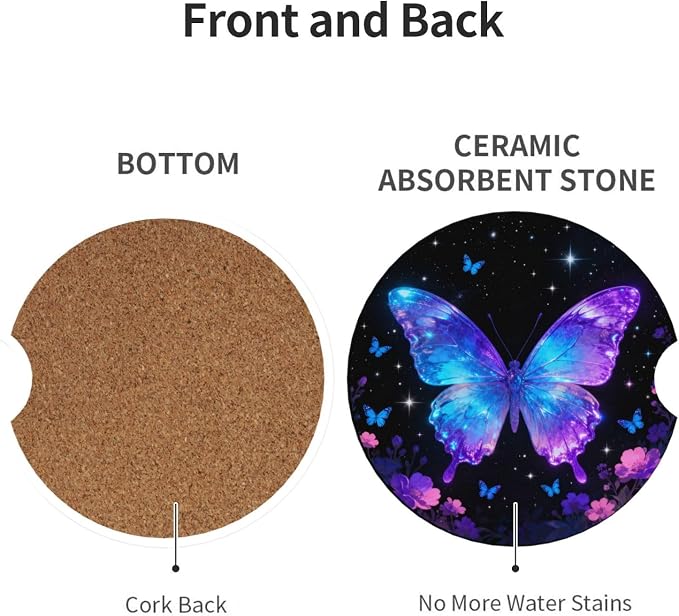 Butterflies Starry Sky Flowers Shimmering 2 Pack Car Cup Holder Coasters Absorbent Ceramic Drink Coasters 2.56" Anti Slip Cup Mat with Cork Base and Finger Notch Auto Accessories for Women Men