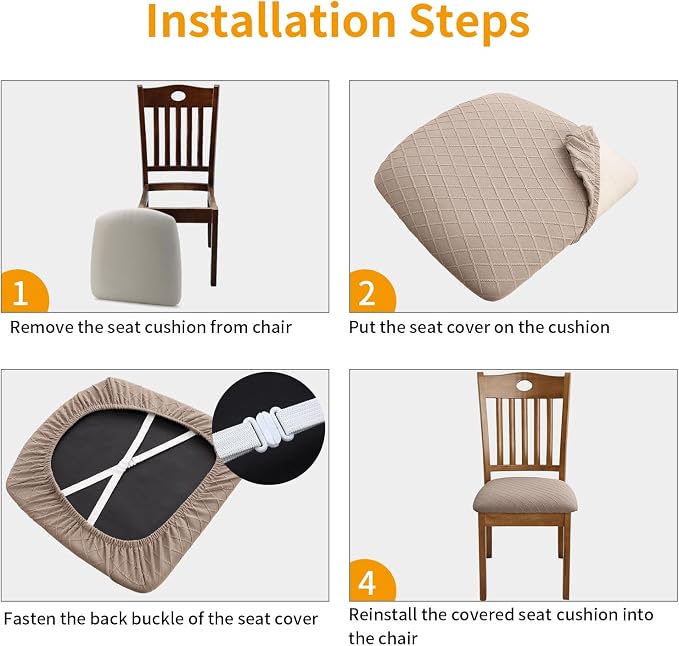 Fuloon Stretch Chair Seat Covers 6 PCS, Removable Washable Dining Chair Covers Anti-Dust Dining Room Seat Cushion Slipcovers (6, Khaki)