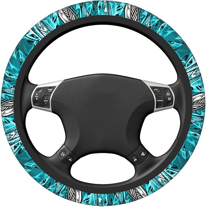 Hawaiian Teal Ocean Tribal Car Steering Wheel Cover for Women Men Stretch Cloth Anti-Slip Wrap Protector Case Fit Universal Auto Accessories Decor Sweat Absorption 14-15 Inch