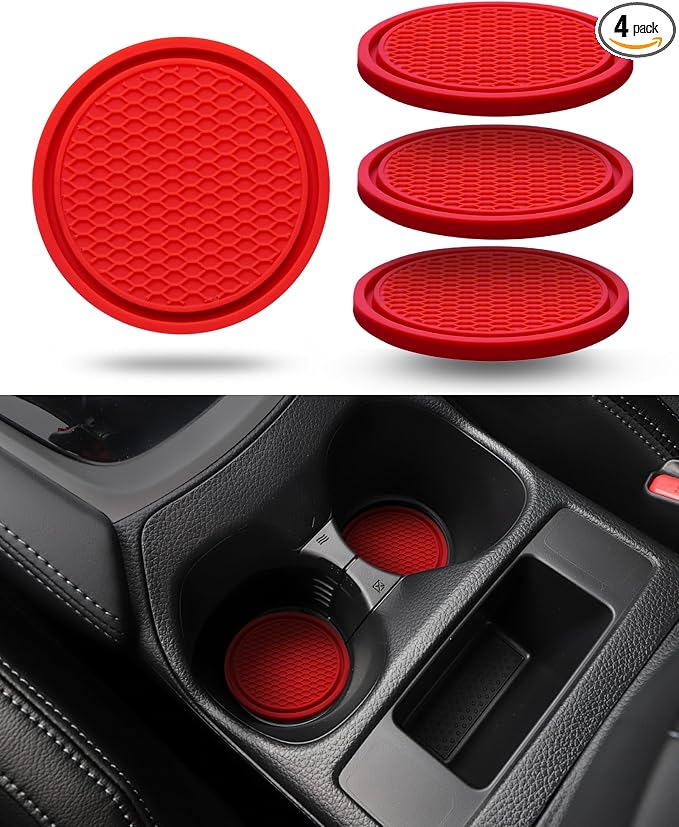 Coaster for Car Cup Holder - 4 Pack Silicone Auto Car Drink Coasters Mat Universal Non-Slip Inserts Car Interior Accessories, Red