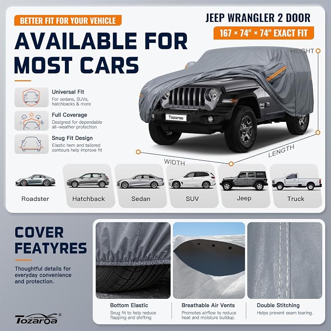 Jeep Wrangler 2 Door Cover Waterproof All-Weather,Outdoor Full Exterior SUV Car Cover for Wrangler YJ TJ JK JL(1987-2026),with Windshield Sun Shade,Towel&Storage Bag,Size J2 (See SizeChart)