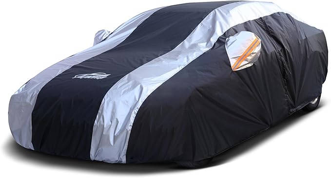 Car Cover Waterproof All Weather Protection with Silver Stripe Design,Outdoor Car Cover Universal Fit Audi A6 A7, Benz E-Class, Lincoln MKZ, Chrysler 300, Acura TLX RLX, Cadillac CT5