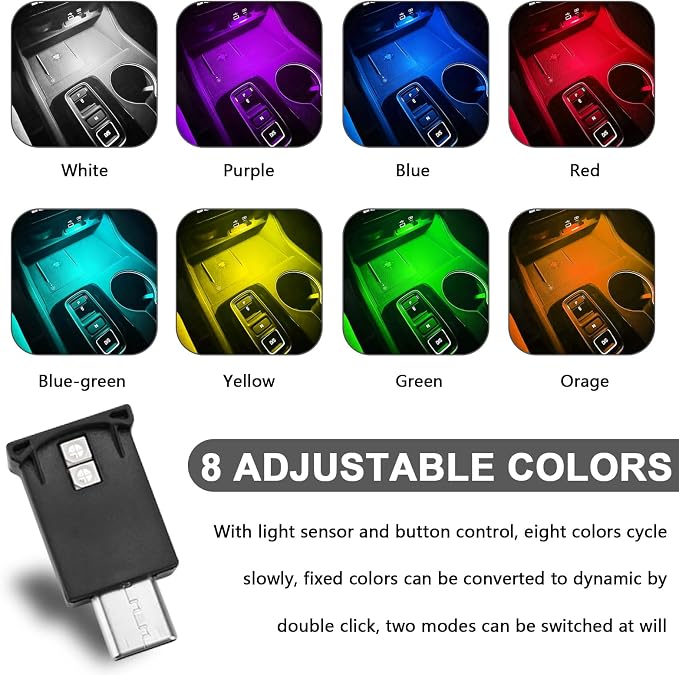 2PCS USB Type C LED Ambient Light,8 Colors RGB Dynamic Interior Atmosphere Lamp,Adjustable Mini USB LED Light for Car Decoration, Laptop, Keyboard, Universal Vehicle Interior Accessories