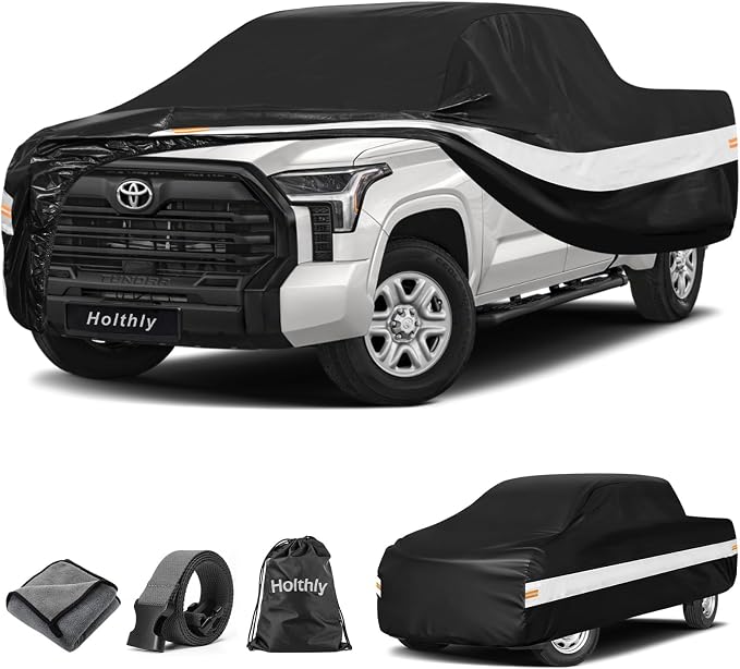 10 Layers Truck Cover Waterproof All Weather Custom Fit Toyota Tundra(2021-2026) Double Cab/CrewMax Cab Short Bed, Outdoor Full Exterior Pickup Car Cover Sun Rain Snow Ice Protection. Black