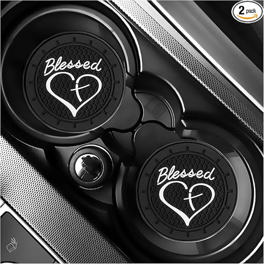 2 PCS Car Cup Holder Coaster, 2.76 Inch Non-Slip Auto Drink Mats with Blessed Cross and Heart, Shockproof Christian Cup Insert Coaster for Most Vehicles, Car Accessories (Black)