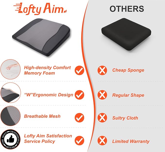 Lofty Aim Car Seat Cushion, Comfort Memory Foam Car Cushions for Driving - Sciatica & Lower Back Pain Relief, Driver Seat Pillow for Auto, Office Chair, Wheelchair - Black&Gray