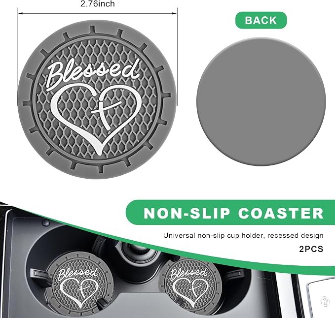 2 PCS Car Cup Holder Coaster, 2.76 Inch Non-Slip Auto Drink Mats with Blessed Cross and Heart, Shockproof Christian Cup Insert Coaster for Most Vehicles, Car Accessories (Gray)