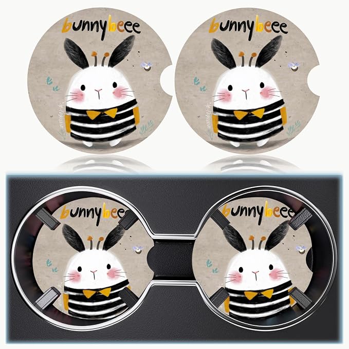 Car Cup Holder Coaster Set of 2, 2.56 in Ceramic Coasters, Scratch-Resistant Cork Backing, Finger Groove Design for Easy Placement, Cute Car Accessories Interior for Women (Striped Rabbit)
