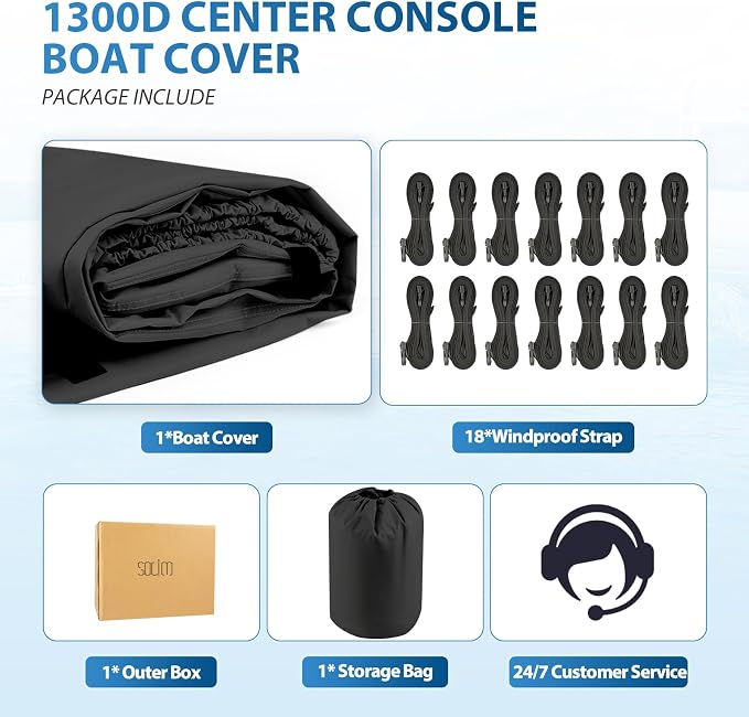 Solim Center Console Boat Cover, 17'-19' Waterproof 1300D PU Heavy Duty Trailerable Boat Cover for Center Console Boat, Marine Grade Oxford UV Resistant Polyester Canvas with 18 Tie Down Straps, Black