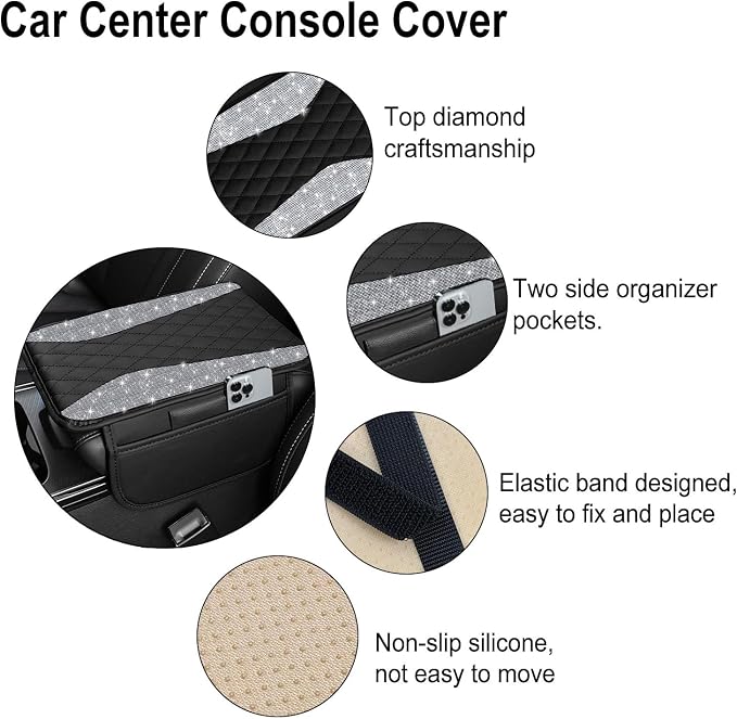 NBTEPEM Bling Car Center Console Cover, Leather Middle Console Cover with 2 Storage Bags, Universal Arm Rest Cover Protector, Bling Car Accessories Interior Fit for Most Vehicles, Silver Diamond
