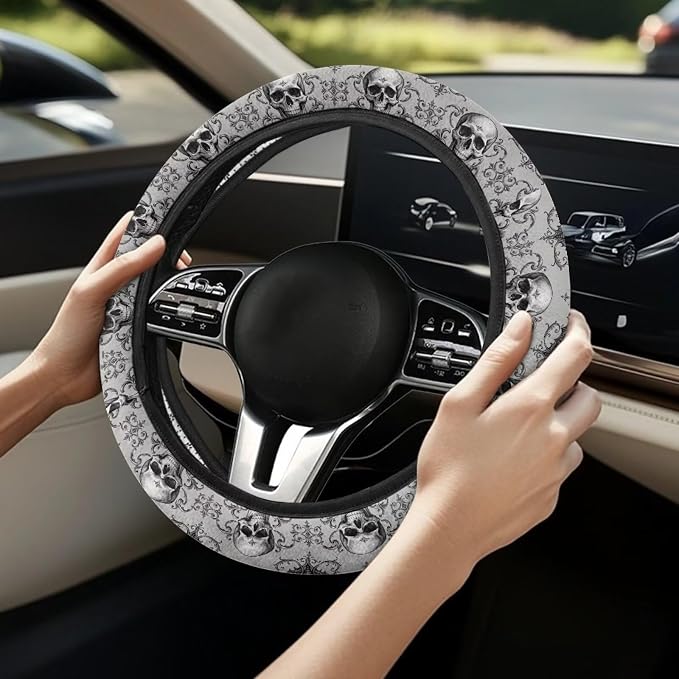 AFPANQZ Steering Wheel Protection for Most Cars Interior Accessories | Skull Bat Grey Automotive Steering Wheel Cushion, Halloween Decor, Anti-slip Universal 14-15 inch, Easy Install