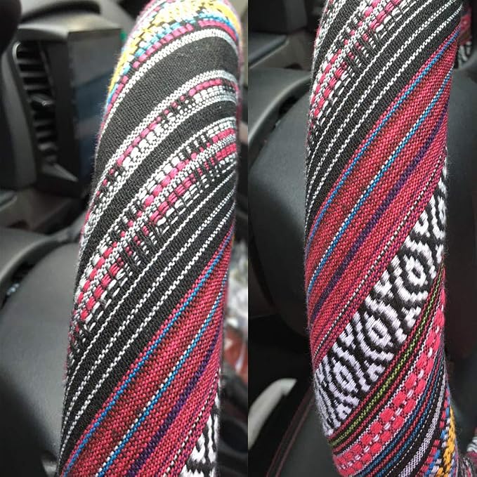 SHIAWASENA Car Steering Wheel Cover, Coarse Flax Cloth, Ethnic Style, Universal 15 Inch Fit, Anti-Slip Sweat-Absorbent (H#)