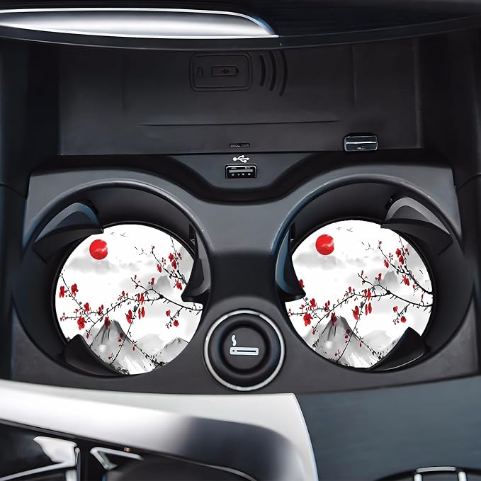 Car Cup Holder Coasters, 2 Pack – 2.75" Universal Auto Anti-Slip Insert Coaster, Rubber Car Coasters, Personalized Car Accessories for Women & Men (Watercolor Cherry)